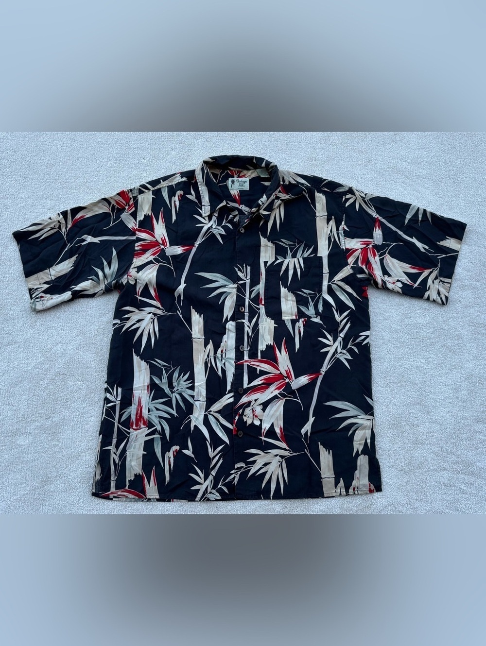 Vintage 100% Silk Circa 1969 Black Short Sleeve Button Down Cream Red Bamboo